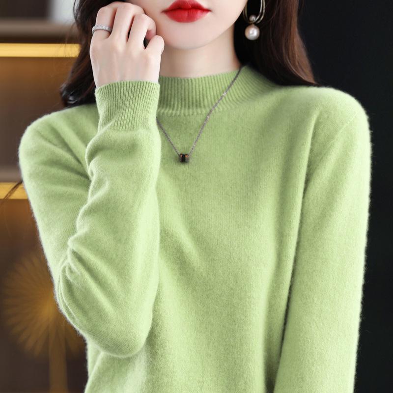 Women's 100% Wool Seamless Pullover Sweater: Autumn/Winter Half-High Neck Base Layer