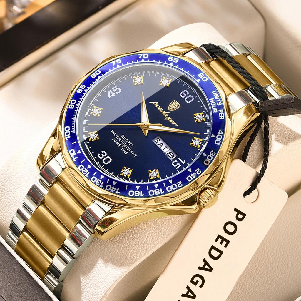 POEDAGAR Fashion Luxury Man Clock Waterproof Luminous Date Week Wristwatch Stainless Steel Quartz Business Watches for Men