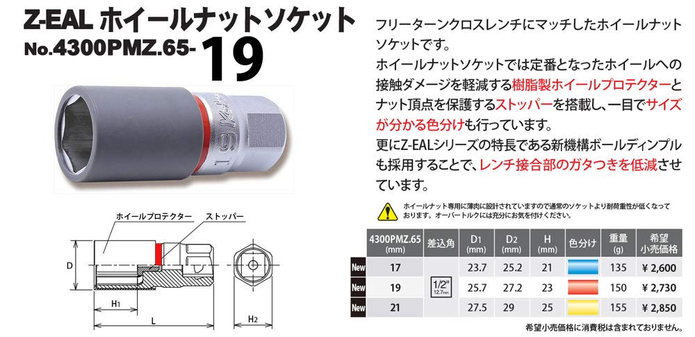 Koken Square Wheel Nut Socket with 19mm 4300PMZ.65-19 Z-EAL 1/2" (12.7mm) Protector,