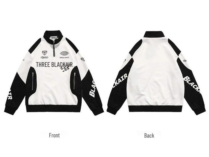 Unisex Retro Colorblock Racing Sweatshirt - Spring/Autumn Trendy Half-Zip Motorcycle Jacket.