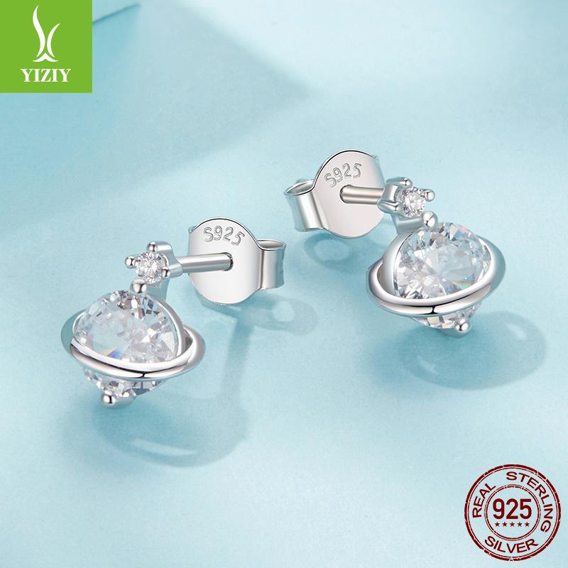 Simple Shining Zircon Planet Stud Earrings, Fashionable Light Luxury S925 Sterling Silver Stud Earrings.