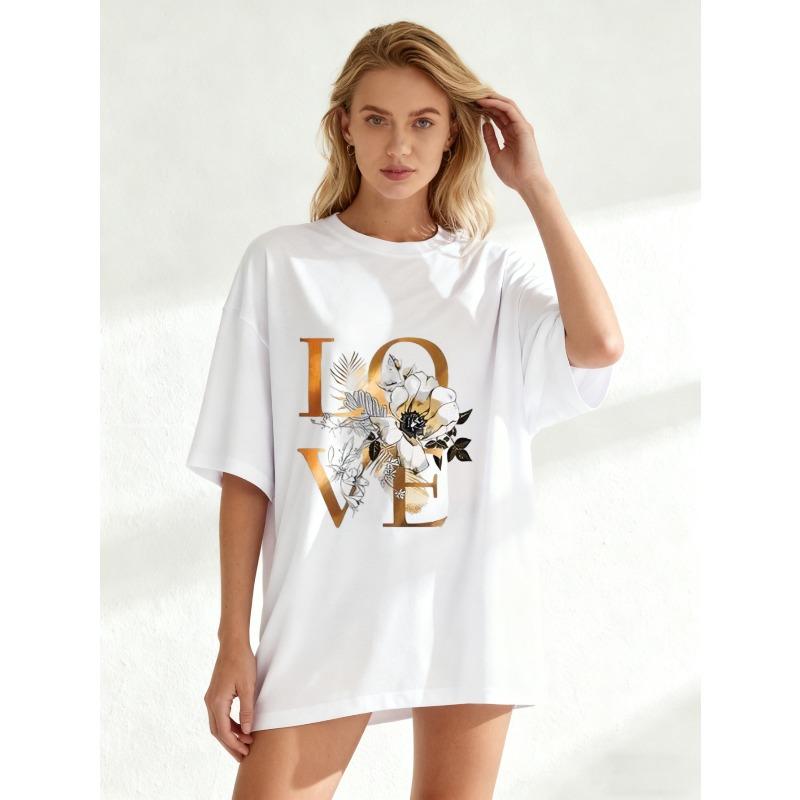 Black Oversized T Shirt Love Floral Print Graphic Tee For Casual Wear And Everyday Outfits