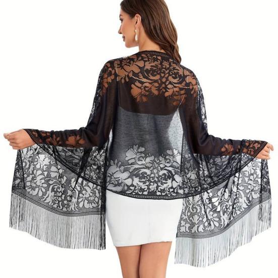 Women Shawl Hollow Embroidery Lace Flower Pattern Summer Shawl with Tassel Hem UV Protection Neck Shoulder