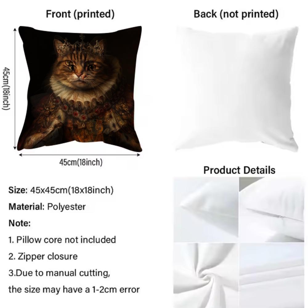 Renaissance Royal Cat Funny Pillow Case Anti-Dustmite Pillowcase Invisible Zipper Silky Short Plush Sofa Cushion Cover