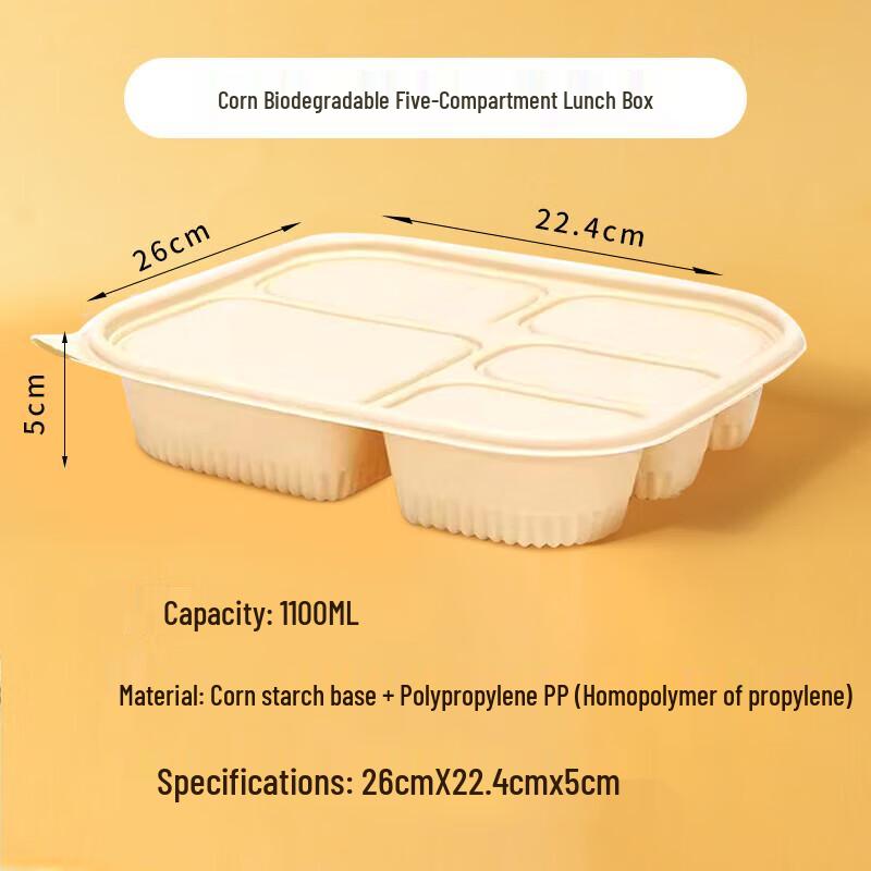 

Disposable Corn Starch Lunch Box with Lid, 5-Compartment