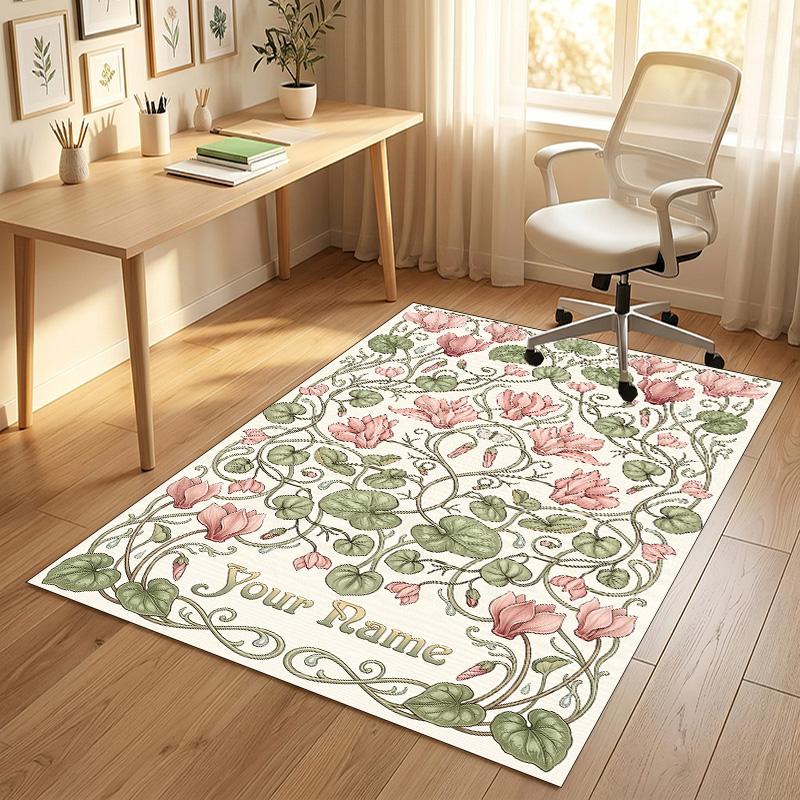 Floral Art Nouveau Theme Soft Crystal Velvet Rug Custom Name & Text Print Non Slip Floor Rug for Bedroom Living Room