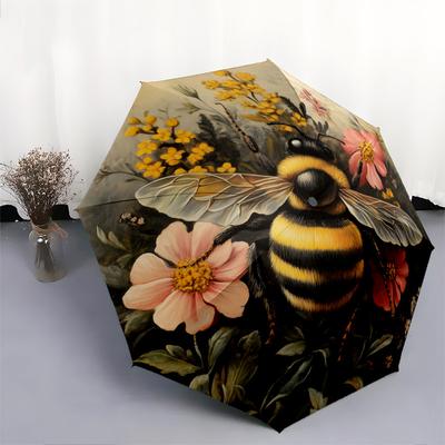 Bienenblumen-Muster, automatisch faltbarer Regenschirm, tragbares und faltbares Design, 8 Speichen, ein Weihnachts- oder Geburtstagsgeschenk.