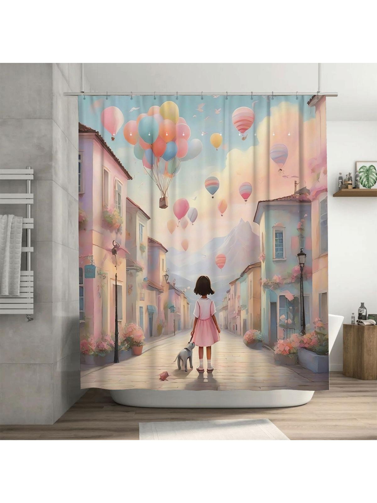 

Girl and Balloons Shower Curtain | Dreamy Kids Bathroom Decor 90X180cm