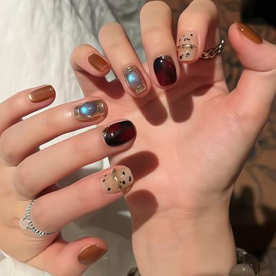 Press On Nails Square Fake Nails with Glitter Design Artificial Acrylic Nails Glossy False Nails Full Cover Stick On Nails Glue On Nails for Women
