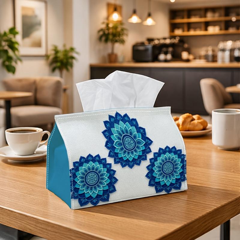 1pc Modern Mandala Tissue Box with Blue Floral Symmetrical Cover - Multi-Functional Fabric Holder Suitable for Home Decor, Car, Parties,, Office - Com