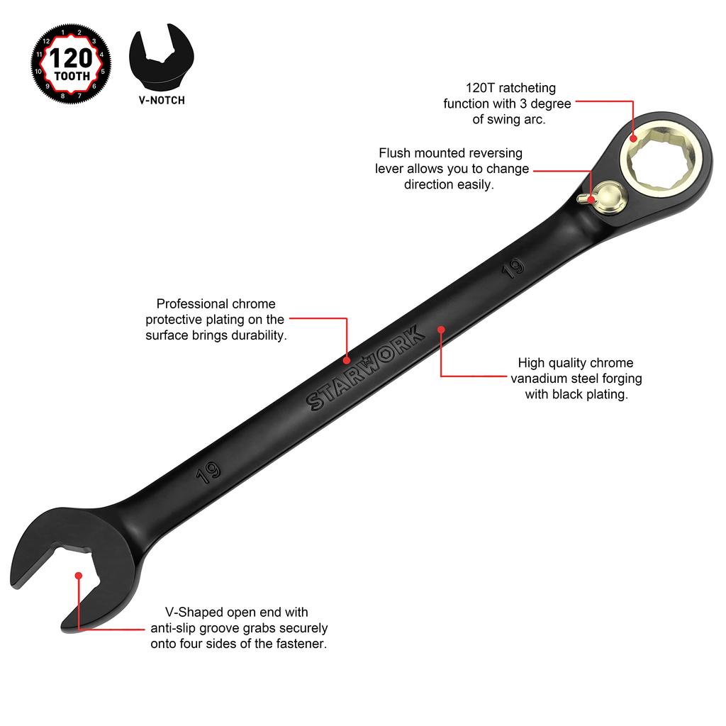 STARWORK TRUE Ratchet Wrench 120T Head Gear XL Ratchet Wrench Set with Storage Bag 20-Piece MECHANIC™ Dual-purpose Non-Slip (SAE/Metric)