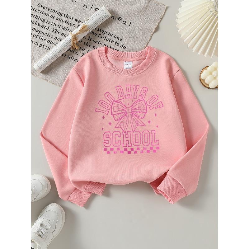 Kids Crewneck Sweatshirt, School Days Pink Bow Graphic Print, Soft Comfort Pullover