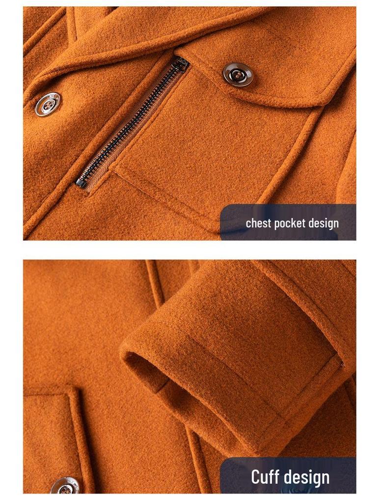 European Men's Wool Coat, Double Collar, Vertical Zipper.