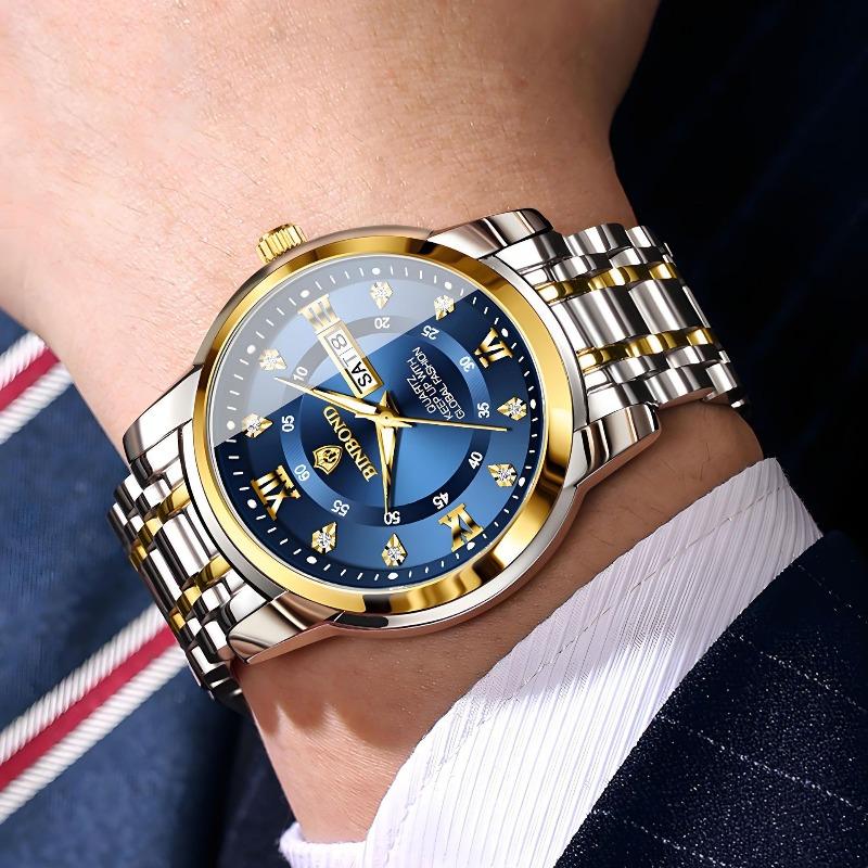 Binbang Quartz Movement Waterproof Luminous Business Fashion Double Calendar Diamond Steel Belt Butterfly Buckle Men's Watch