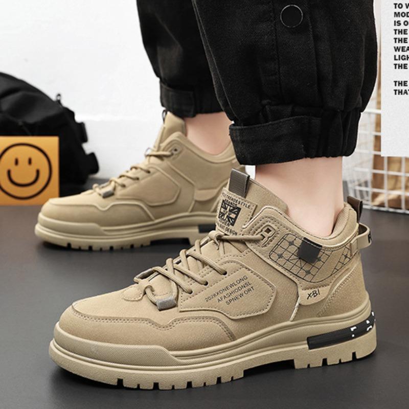 Men Leather Casual Shoes Spring Breathable Comfortable Thickness Sport Shoes Student High Top Skateboard Shoe Ankle Boot