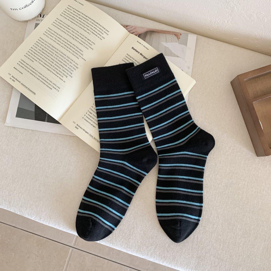 Socks Cloth Label Medium Tube Socks Retro Striped Socks Trendy Casual Simple Cotton Socks Stacking Socks One size fits all чёрный