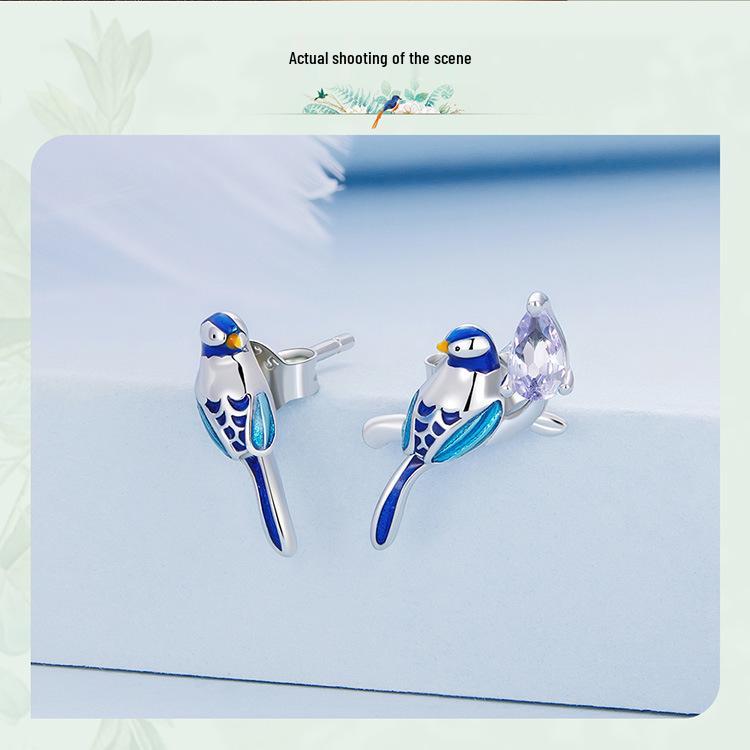 Silver Blue Bird Earrings & Ring Set - Unique 925 Sterling Design