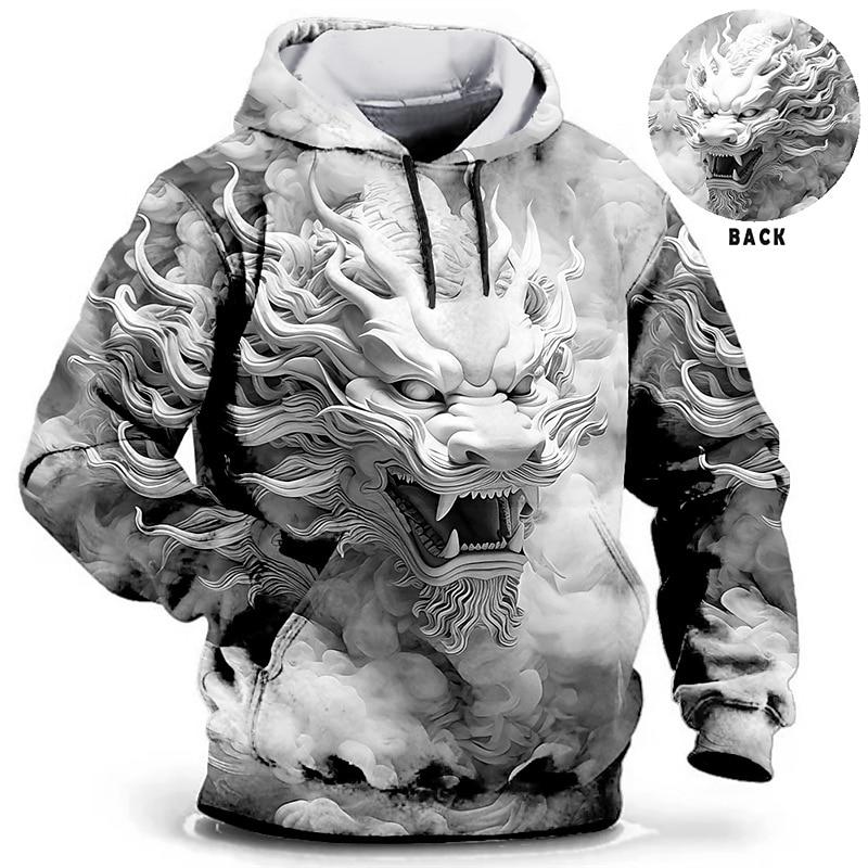 Men's hooded sweatshirt with dragon and tiger pattern for daily leisure, retro long sleeved hooded vacation, and sports