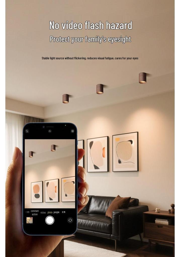 Wind Walnut Surface-Mounted Spotlight, No Hole Needed, Full Spectrum Eye Protection for Corridor, Hallway, Living Room.