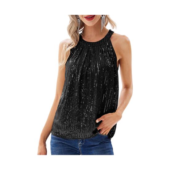 

Yousheng Women Vest Halter Neck Off Shoulder Sleeveless Tops Loose Fit Pure Color Sequin Decoration Party Tops Casual Daily M чорний