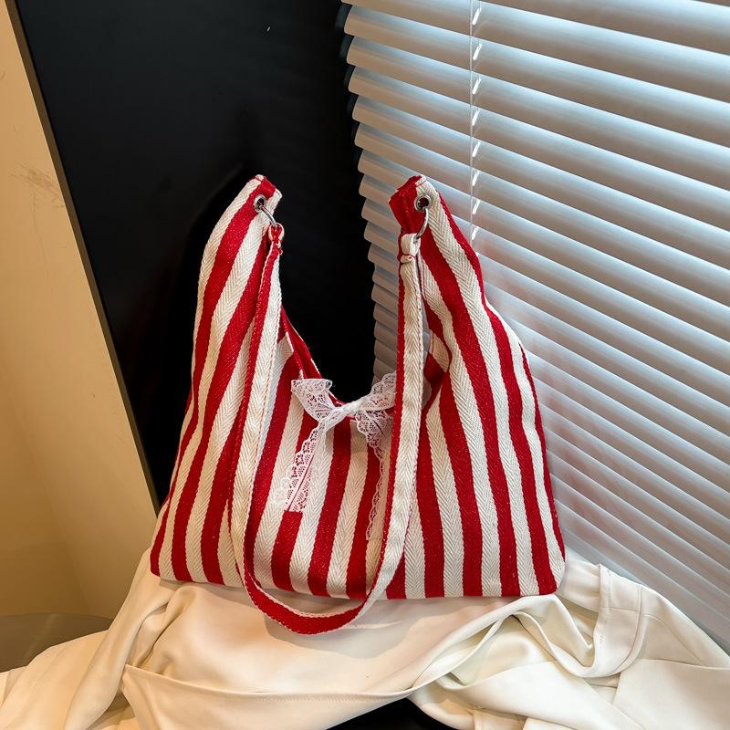 2025 vertical stripes summer large capacity embroidered canvas bag ins wind simple letter commuter shoulder bag