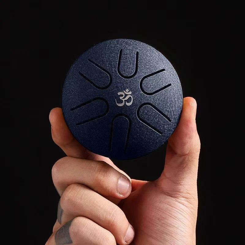 HLURU 3 Inches Steel Tongue Drum 6 Notes Hand Held Ethereal Drum Zen Meditation Tool Spirit Exercise Percussion Instrument Toy