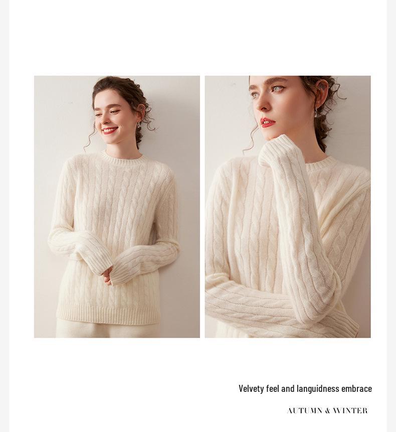 Women's Seven-Stitch Round Neck Cashmere Sweater - Solid Color Pullover, Elegant & Casual Long Sleeve Warm Base Layer