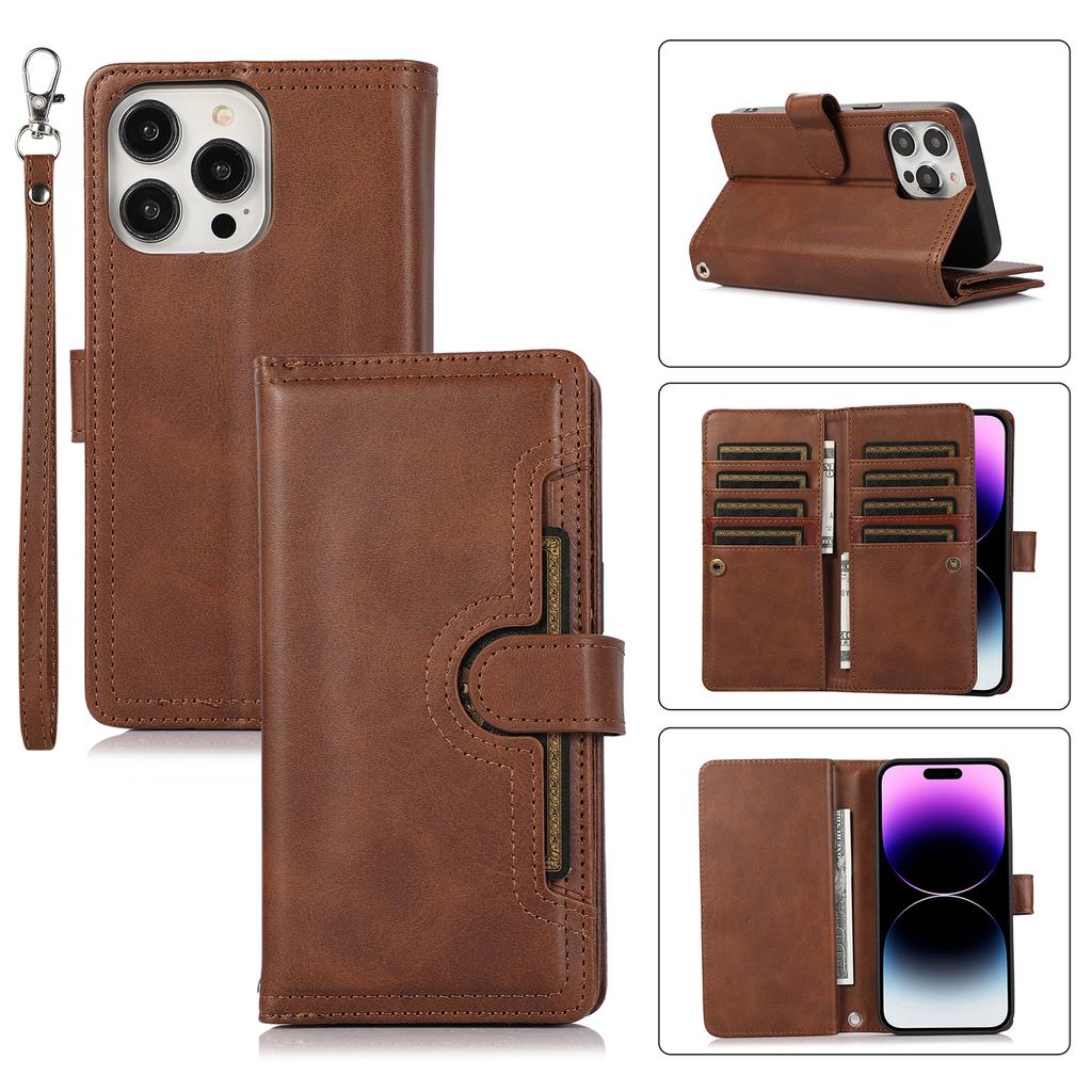 For iPhone 15 Pro Split Leather Stand Cover Multiple Card Slots Wallet Phone Case with Strap