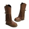 European and American Style Autumn and Winter New Rivet Tassel Belt Buckle Medium Tube Boots Large Size Knight Boots Women's Boots Shoes