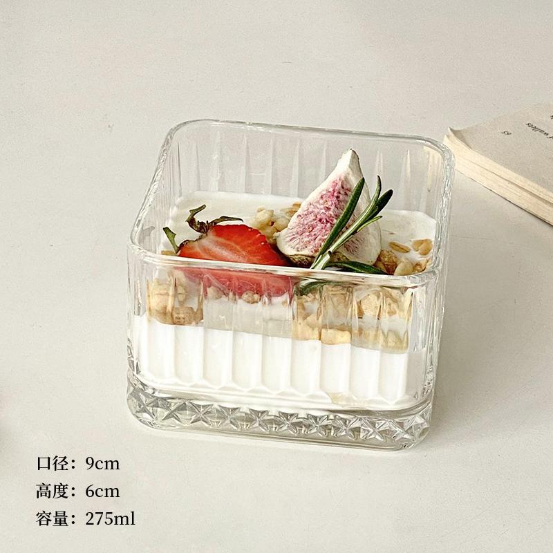 Square Striped Glass Bowl for Girls Home Dessert Snack Ice Cream Yogurt Fruit Oatmeal Breakfast Serving Bowl
