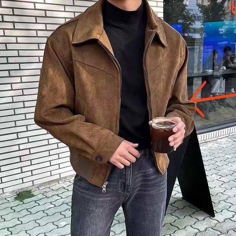 Elegant Solid Coat Men Spring Autumn Loose Lapel Zipper Short Jacket Vintage Streetwear Bomber Jacket