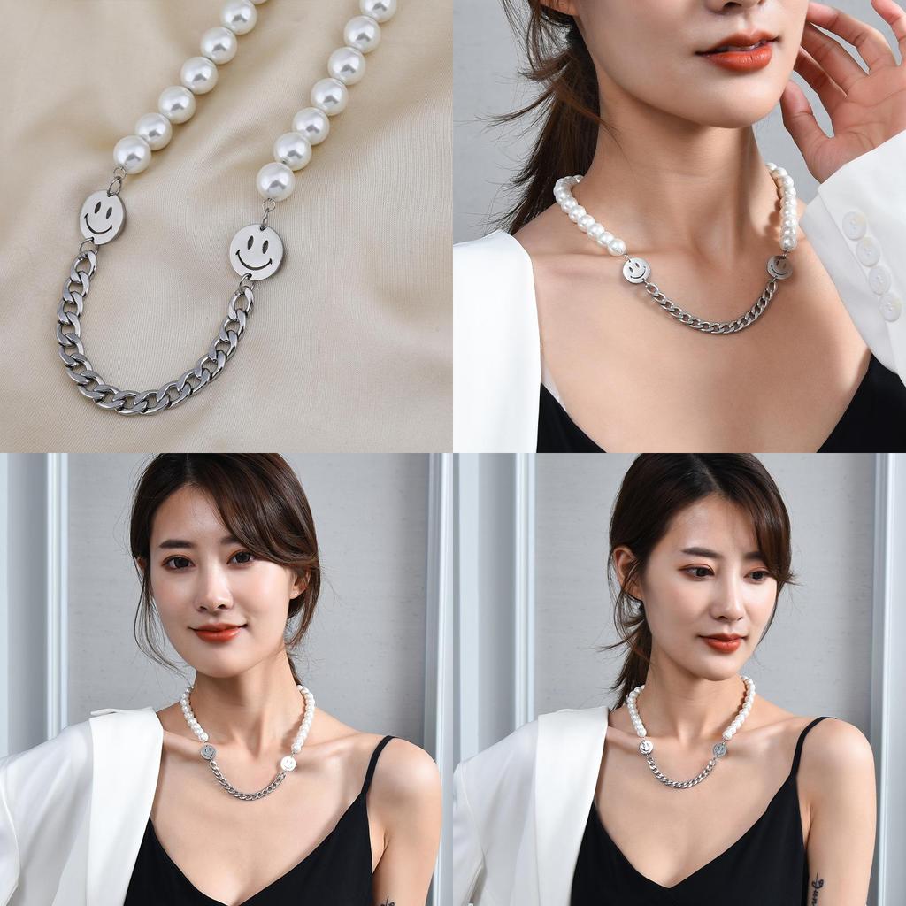 Titanium Double Steel Smiley Face Pearl Necklace Unisex Trendy Jewelry For Fall Winter Wear