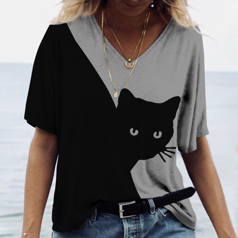 

Летняя футболка с V-образным вырезом, цветная блокированная футболка с принтом кота, женская спортивная футболка с короткими рукавами, топ 5XL