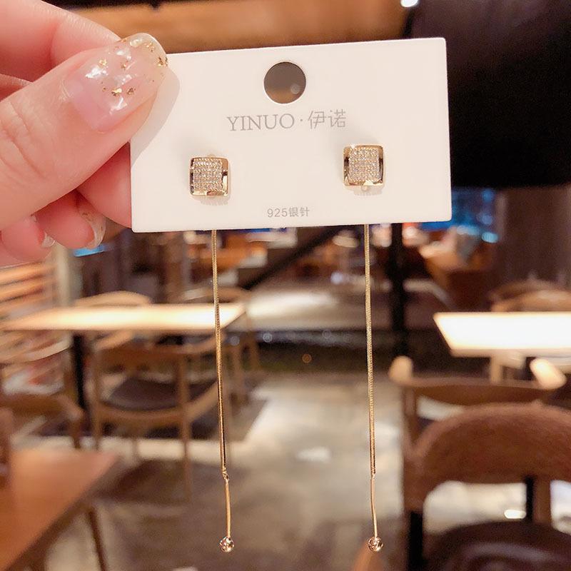 LATS 2022 Boucles d'oreilles pendantes à pompons longs à fil, barrette arquée brillante coréenne vintage, pour femmes, mode géométrique, zircon, pendantes