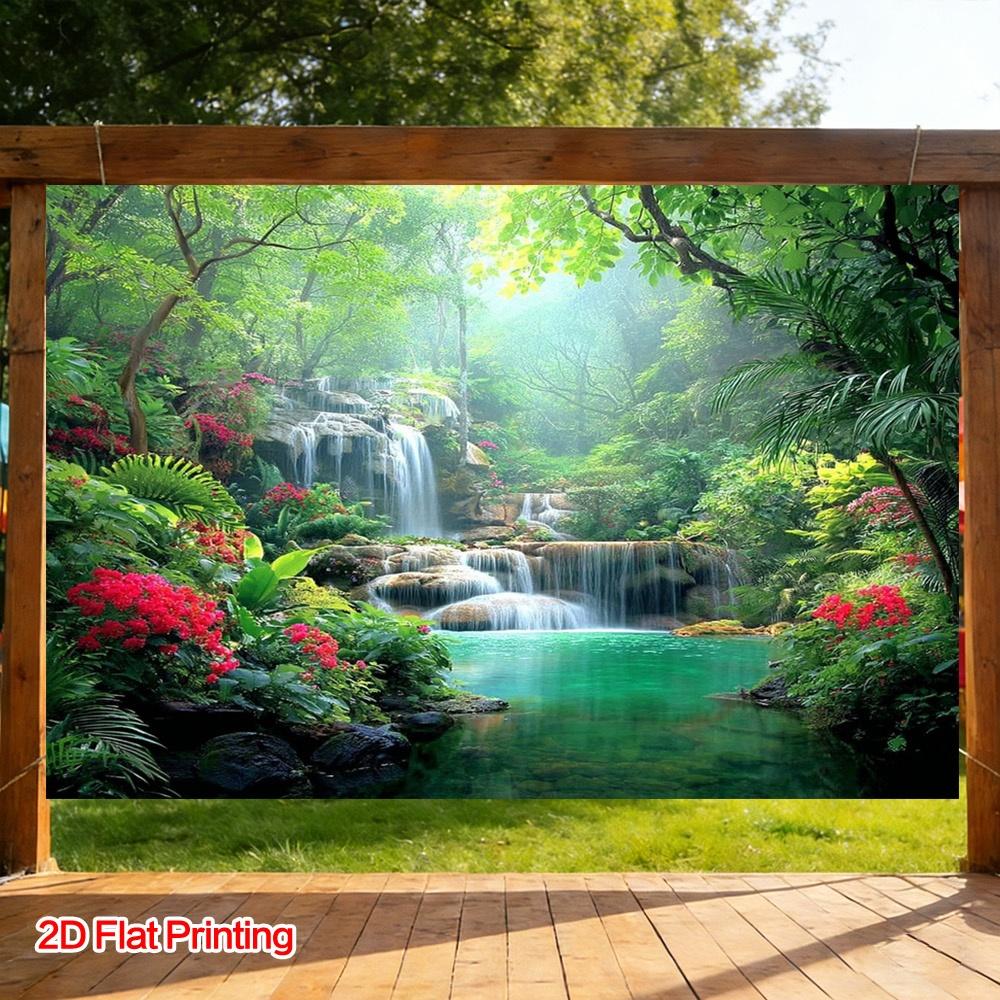 (2D Plane) 1 Piece - A Plump Tropical Forest Waterfall Photography Backdrop Fabric  Made of Polyester  Suitable for Gardens