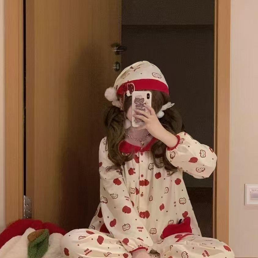 A Bao Xi Imitation Cotton Korean Style Red Pajama Set - Long Sleeve, Sweet Christmas/New Year Home Wear