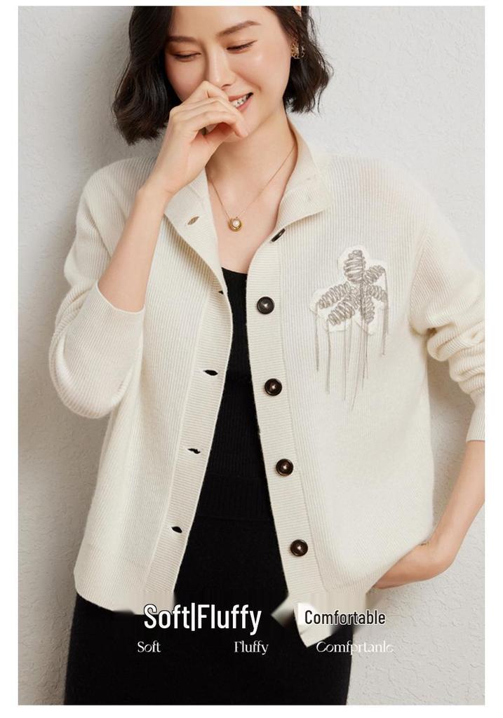 BC Style Cashmere Cardigan: Elegant Autumn/Winter Embroidered Floral Wool Knit Jacket for Women