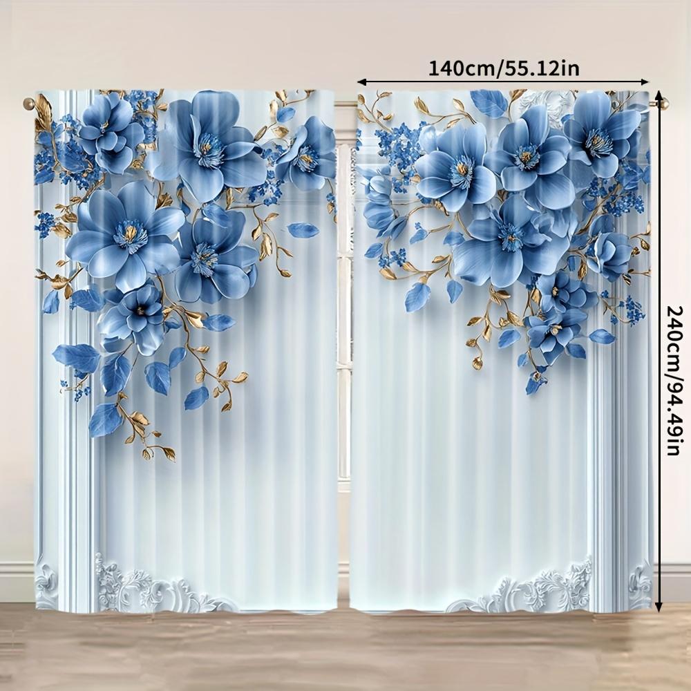 2pcs Elegant Blue Floral Print Curtains – Polyester Rod Pocket Panels for Dining Room   Bedroom & Living Room