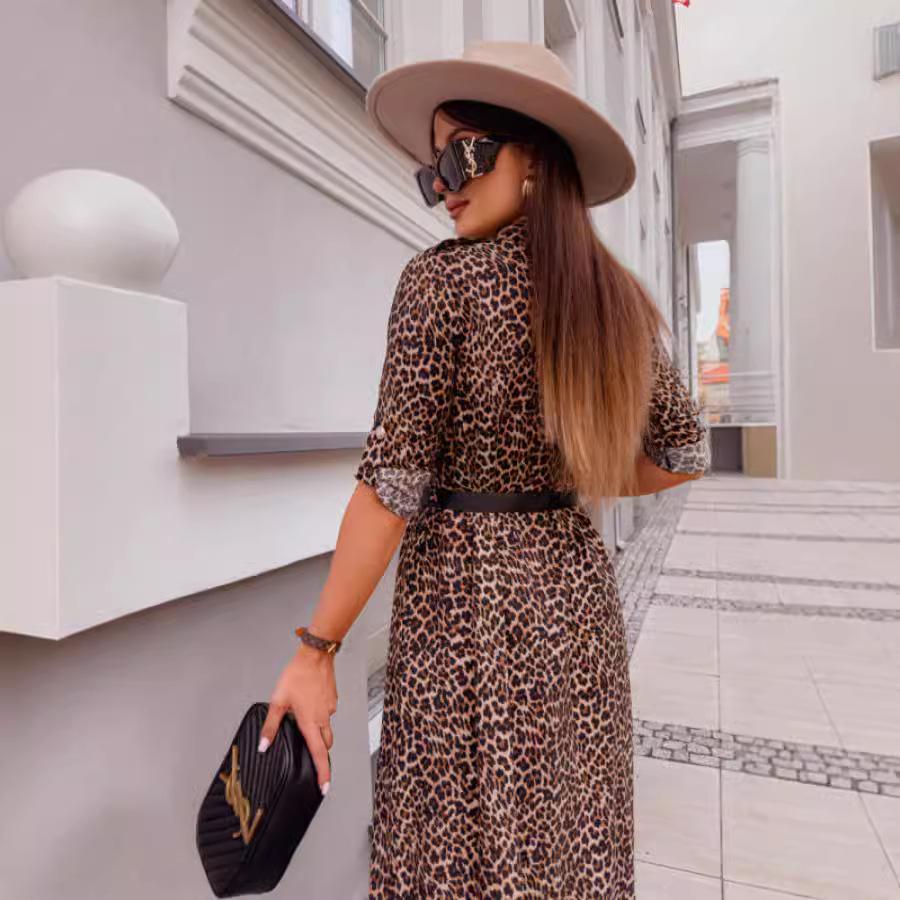 2024 Autumn European & American Mid-Length Leopard Print Dress with Roll-Up Sleeves