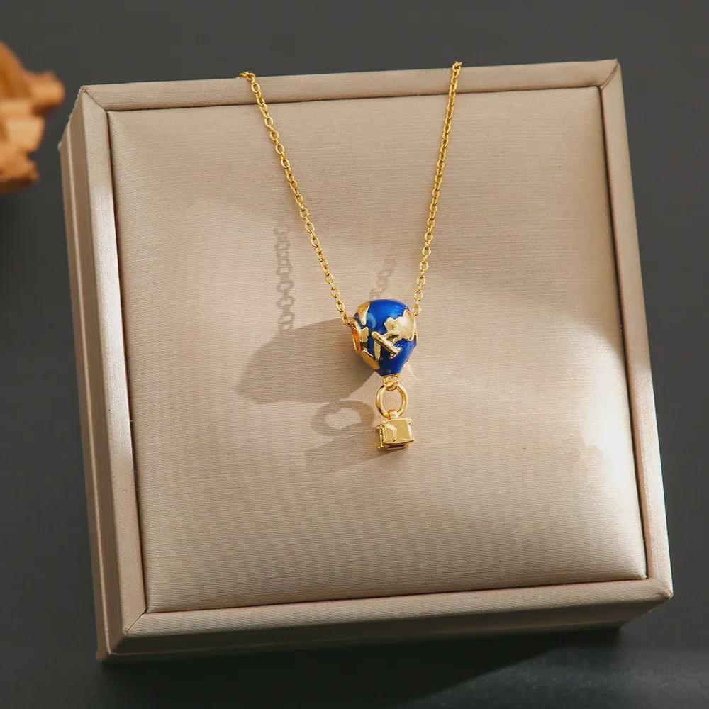 Goldene Heißluftballon Anhänger Halskette – Trendiger Titansstahl Schlüsselbeinkette Schmuck