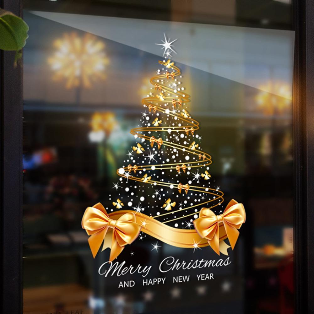 Star Bow Design Golden Christmas Tree Window Stickers Christmas Glass Door Stickers Showcase