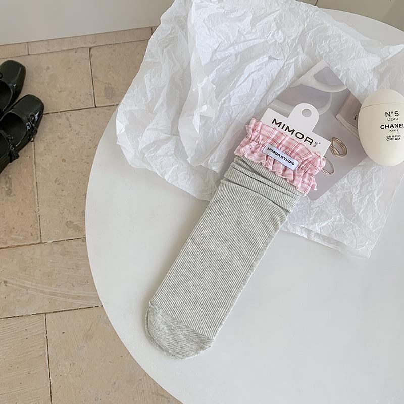 Women's Spring and Summer Thin Plaid Lace Creative Fashion Cloth Label Sweat Absorbent Boneless Tube Pile Socks