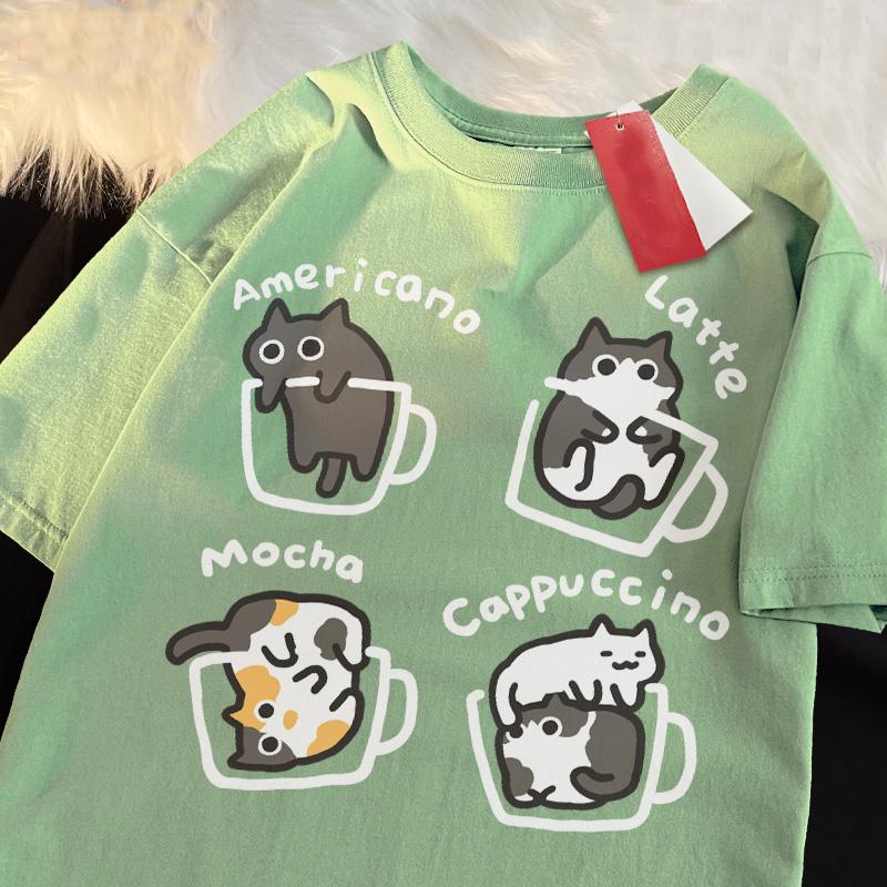 Katze Kaffee Reine Baumwolle Trendiges Sommer Locker Kurzärmeliges T-Shirt Unisex Damen Original Mokka Latte Katze Drei Blumen Lustige Katzen-T-Shirts