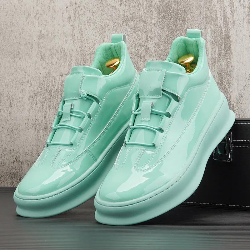 

Новые туфли для мужчин, повседневные туфли из лакированной кожи, модные высокие туфли для скейтбординга на плоской подошве, молодежные уличные кроссовки на шнуровке 45 небесно-голубой