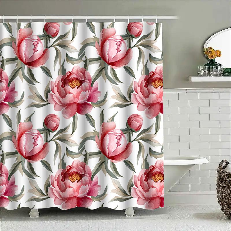 Floral Shower Curtain Pink Peony Design Polyester Fabric Waterproof Bathroom Decor Size Available