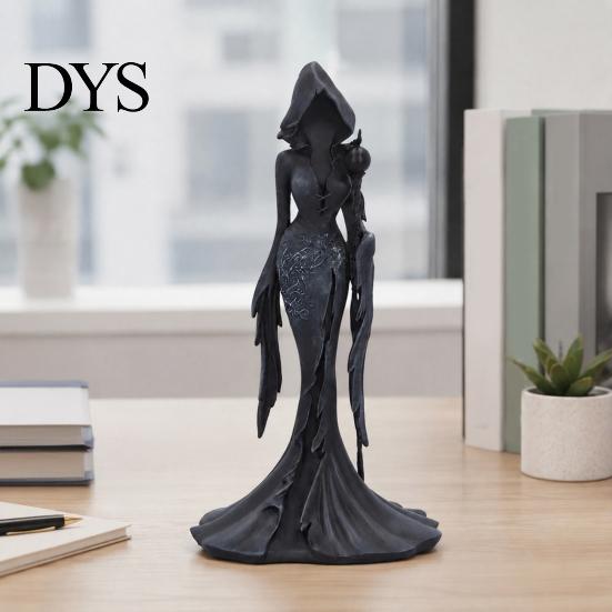 Dark Aesthetic Home Decor Gothic Faceless Witch Reaper Resin Statue, Vintage Black Robed Grim Figurine, Matte Scythe Figurine Desktop Ornament