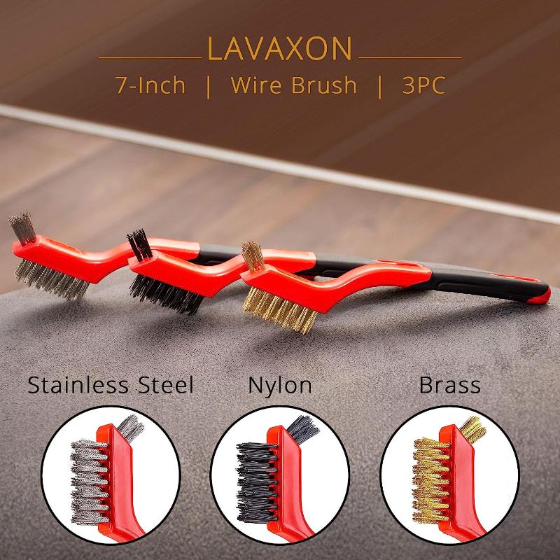 Wire Brush Set 3Pcs - Nylon/Brass/Stainless Steel Bristles with Curved Handle Grip for Rust, Dirt & Paint Scrubbing with Deep Cleaning