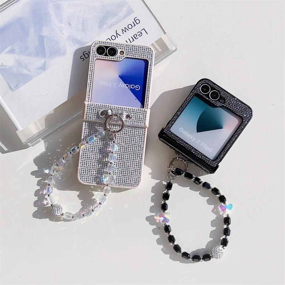 Hinge Protection Leather Phone Case for Samsung Galaxy Z Flip 6 5 4 Flip6 Flip5 Flip4 Flip3 Wrist Strap Plastic Hard Shell Cover