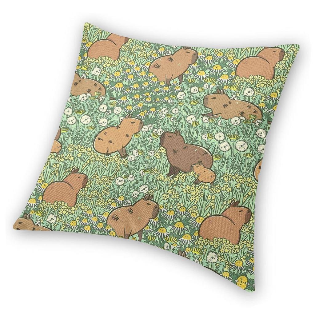 Capybaras Meadow Green Yellow Square Pillowcase Polyester Linen Velvet Creative Zip Decorative Pillow Case Home Cushion Case