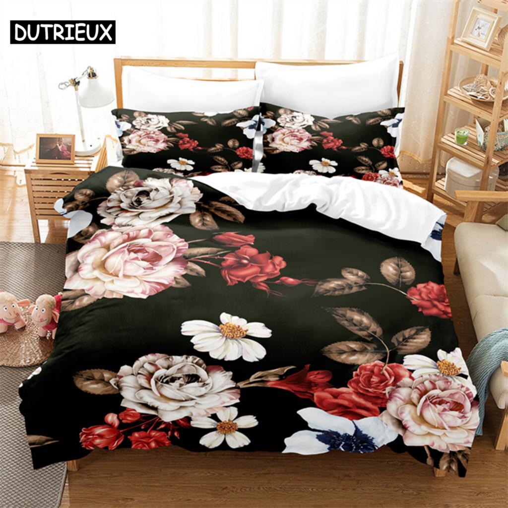 Pink Flower Queen Bedding Set Black Duvet Cover Set Bedding Digital Printing Bed Linen King Size Duvet Cover Set Bedding Set